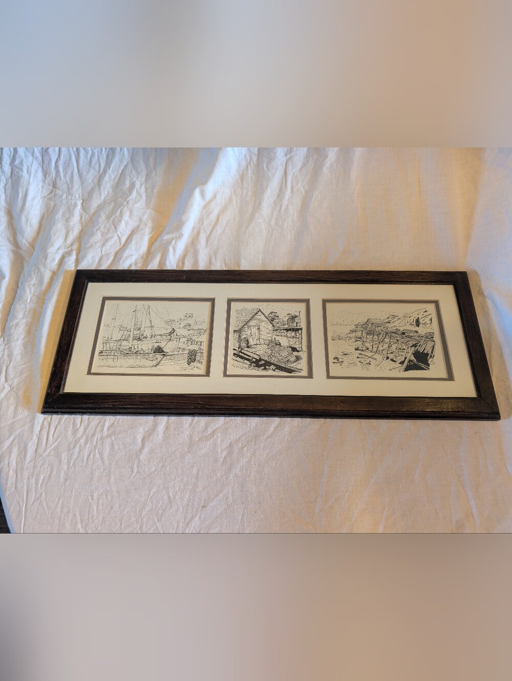 2/80$ Vintage Black & White Coastal Sketch Triptych by Vintage